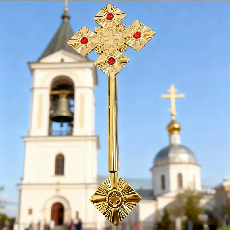 Östliche orthodoxe Metallkreuzzepter, religiöse Zeremonie, Sakramentfeier, eingelegt mit hellem Rubin, klassischer religiöser Glaube – Detail 5