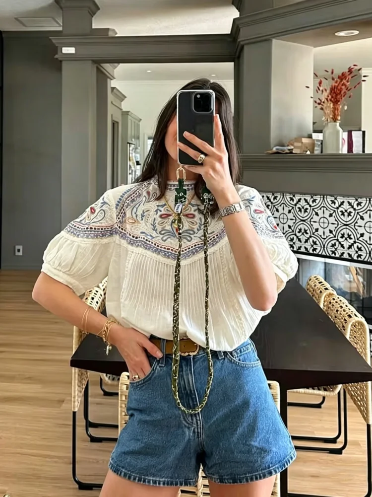 Bohe Vintage Stickerei Plissierte Lockere Oberteile Bluse Damen Casual O-Ausschnitt Puffärmel Tops T-Shirts 2026 Neue Sommer Urlaub Oberteile