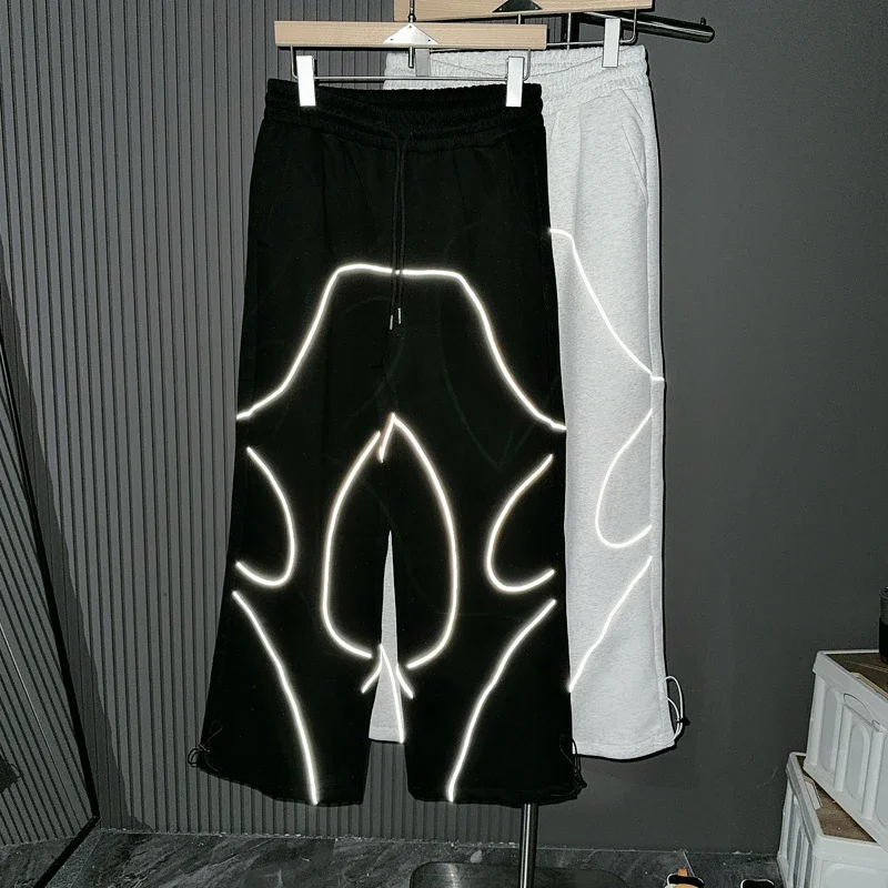 Night Club Reflective Strip Straight Loose Pants Men Women Drawstring Stretch Waist Ankle Binding Pants Four Seasons Sweatpants 2