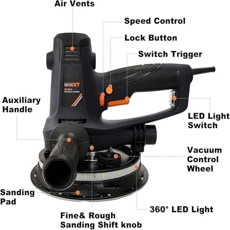 MAXXT 7 Inches 180mm Handheld Drywall Sander 810W Electric Wall Polishing Grinding Machine Self-Dust-Extraction Car Polisher