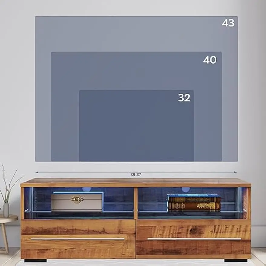 LED TV Stand for up to 43" TVs, Mid-Century Entertainment Center with Color Modes, 2 Drawers & Glass Shelves – Brown