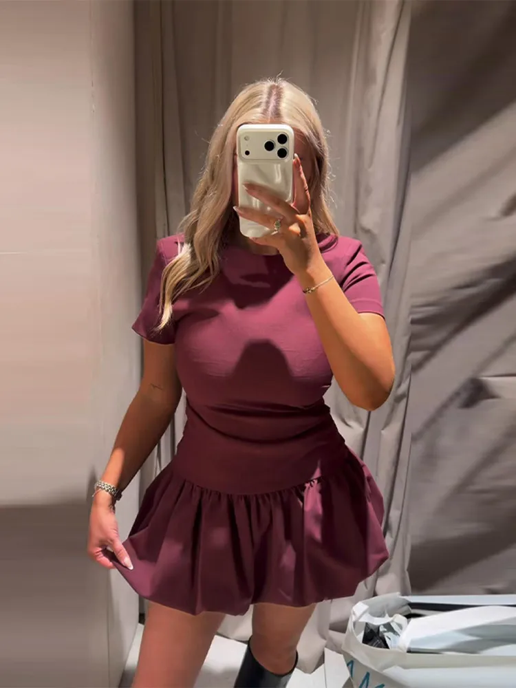 Kurzärmliges Ballon-Plissee-Minikleid für Damen, Rundhals-Abendkleid mit Taillenschnürung, Schlankes Cocktailkleid, Frühlings-Chic-Damenrobe – Detail 17
