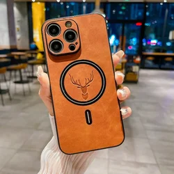 Premium Business Leather Magnetic Deer Case with Magsafe Wireless Charging Compatibility for 14Plus (Light brown)