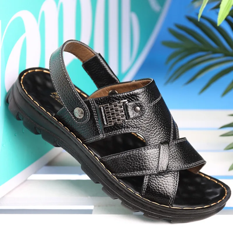 Men Cow Leather Waterproof Non-Slip Sandals Slippers