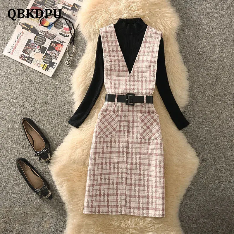 

Casual Plaid Sleeveless Dresses 2 Piece Set Women Outfits Elegant v Neck Woolen Blends Overall Dress And Knitted Top Female Suit