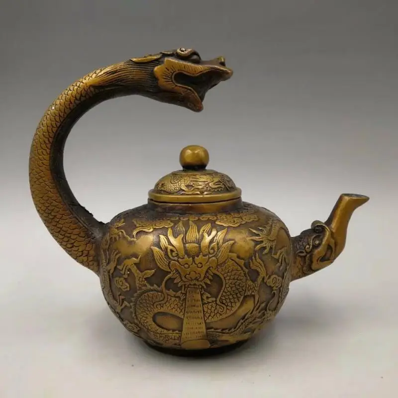 

Chinese Antique Brass Carved Relief Dragon Ornament Handle Teapot Flagon Qianlong Year Collection Ornaments