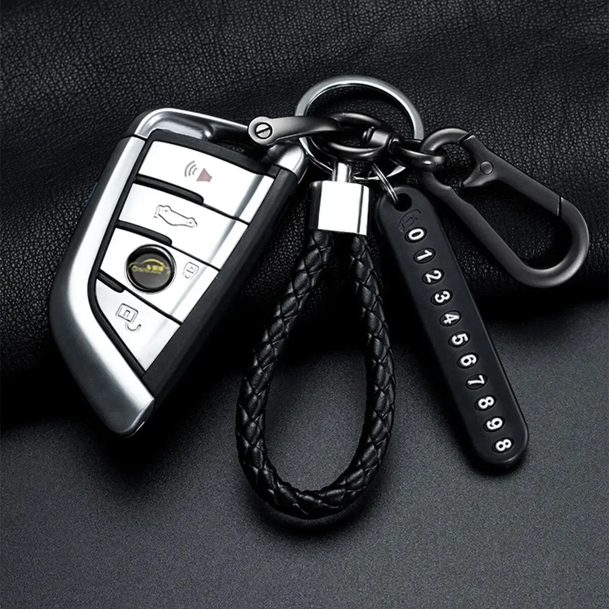 Phone Number Plate Keychain Trendy DIY Mobile Phone Number Plate Pendant Keychain for Men Punk Simple Woven Leather Rope Anti-lost Car Key Chain Accessories