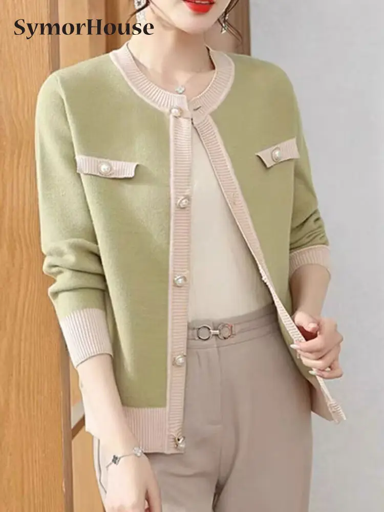 

Spring Autumn Winter Fashion O-Neck Spliced Color Knitted Cardigan Sweater Women's Clothing New Loose Korean Tops All-match Coat