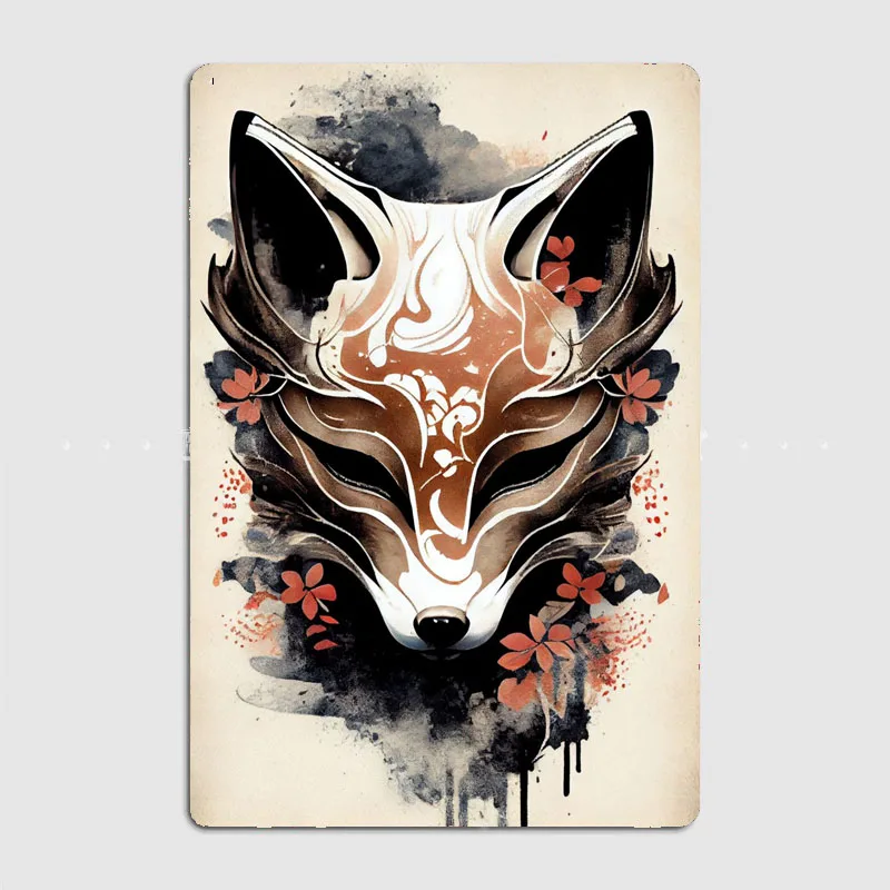 Kitsune Fox Mask Ink Wash Metal Sign Club Bar Plates Wall Mural Design Tin Sign Postercustom-made umineko when they cry beatrice portrait metal signs club bar mural painting wall mural classic tin sign posters