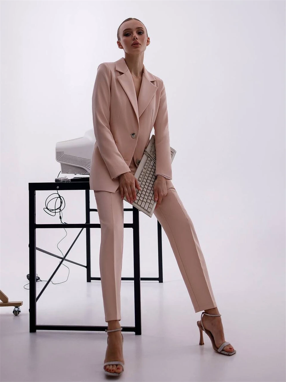 One Button Solid Women Pantsuit Single Breasted Blazer Straight