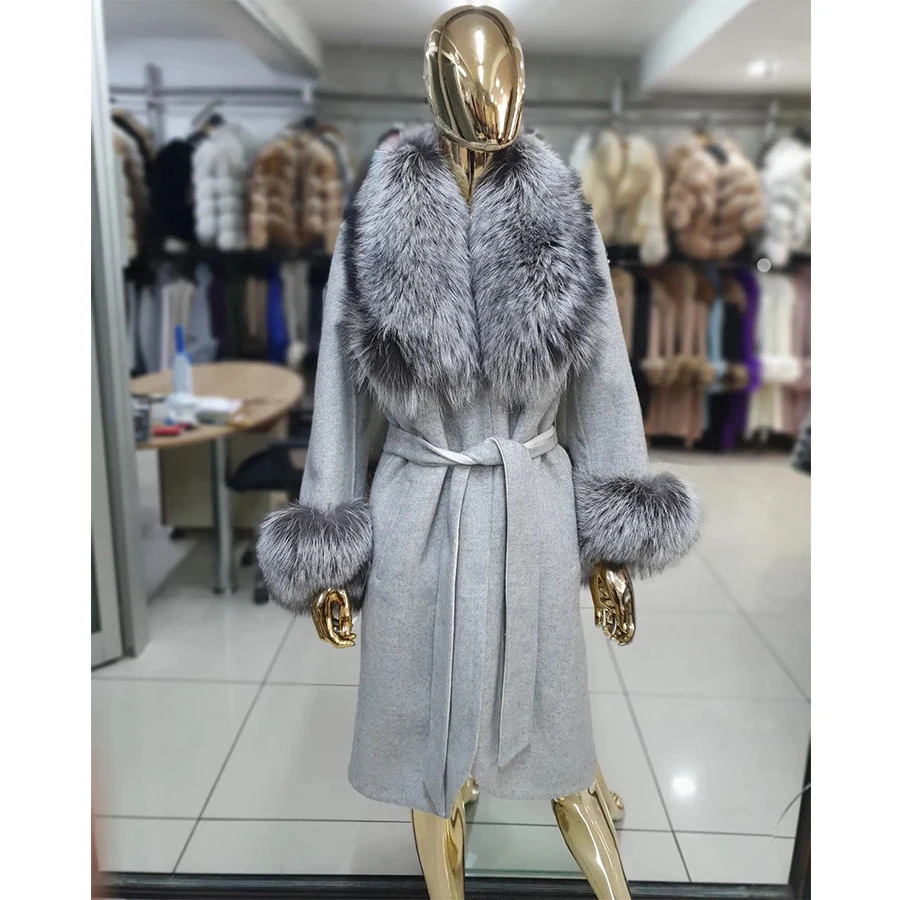 

Women Cashmere Wool Coat Real Fox Fur Pocket High Quality Women's Coat Best Selling Styles