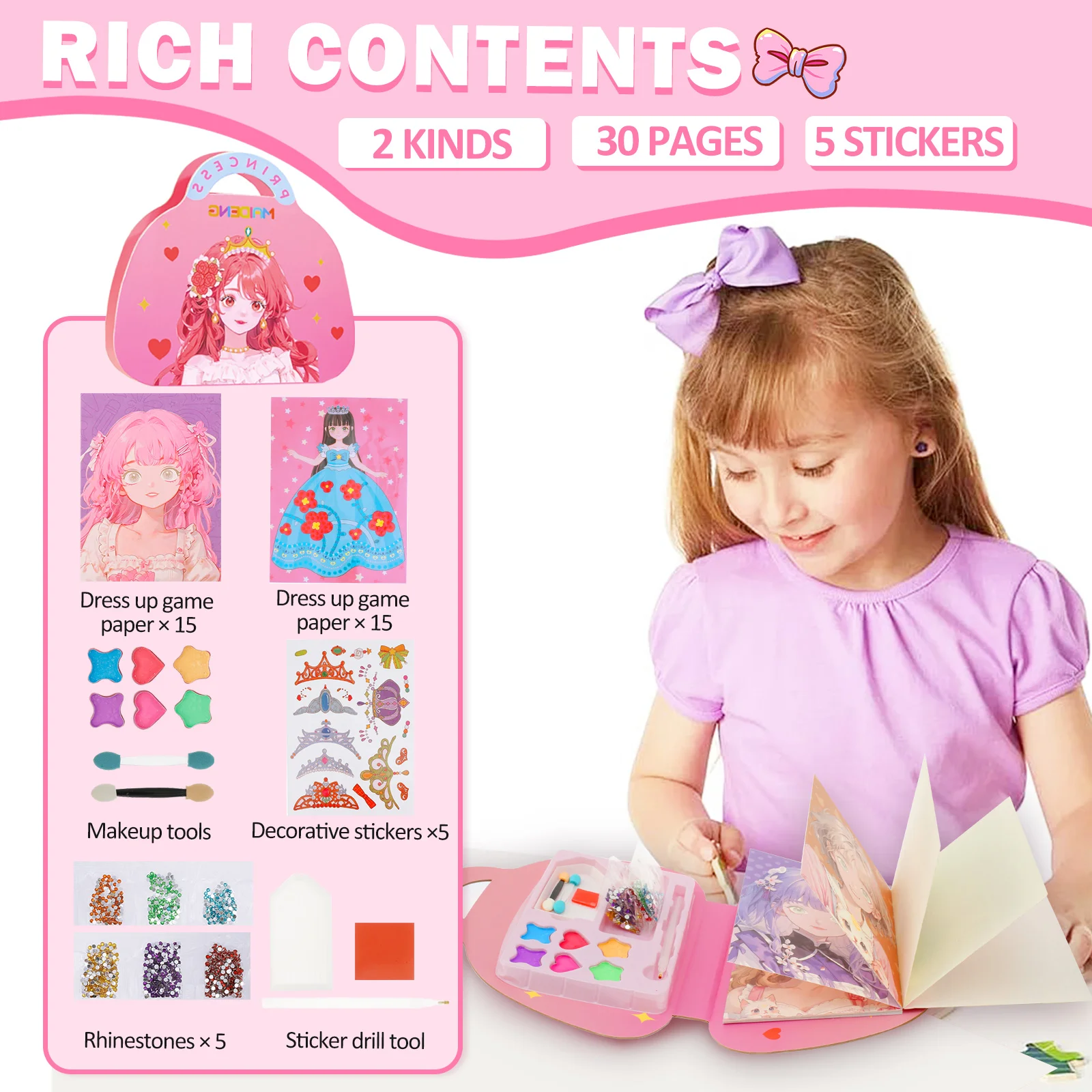 Paper Makeup Kit DIY Dress Up Game Set with Diamond Art Tools Fun Paper Makeup Craft Kits Educational Doll Set