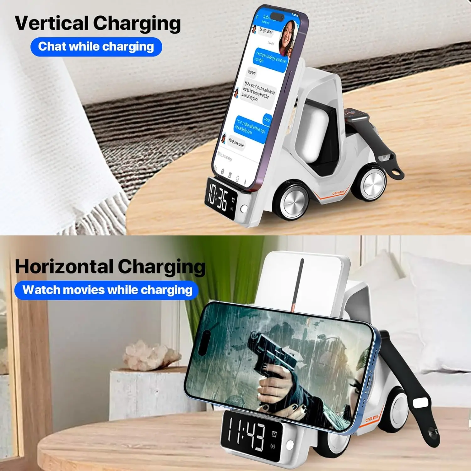 5 in 1 Wireless Charger Station Alarm Clock for iPhone 17/16/15/14/13/12 AirPods Pro 3 Apple Watch 11-2 Car Fast Charging Stand