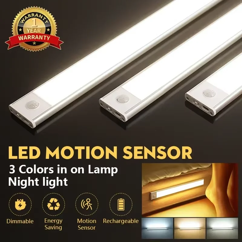 Motion Sensor ตู้ไฟ LED Night Light ไร้สาย USB ชาร์จหลอดไฟ LED สําหรับตู้เสื้อผ้า 3 สีโคมไฟกลางคืน 1