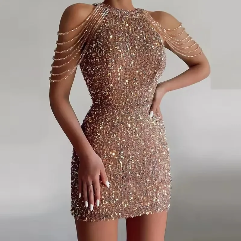 New Off Shoulder Elegant Sequin Dress Short Party Bodycon Dress Women Sexy Evening Party Birthday Dress