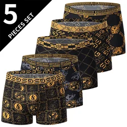 Pack of Men's Black Gold Printed Boxer Underwear - Comfortable, Versatile, Plus Size, Sexy and Sporty - XXXL(110-125kg) (5PCS)