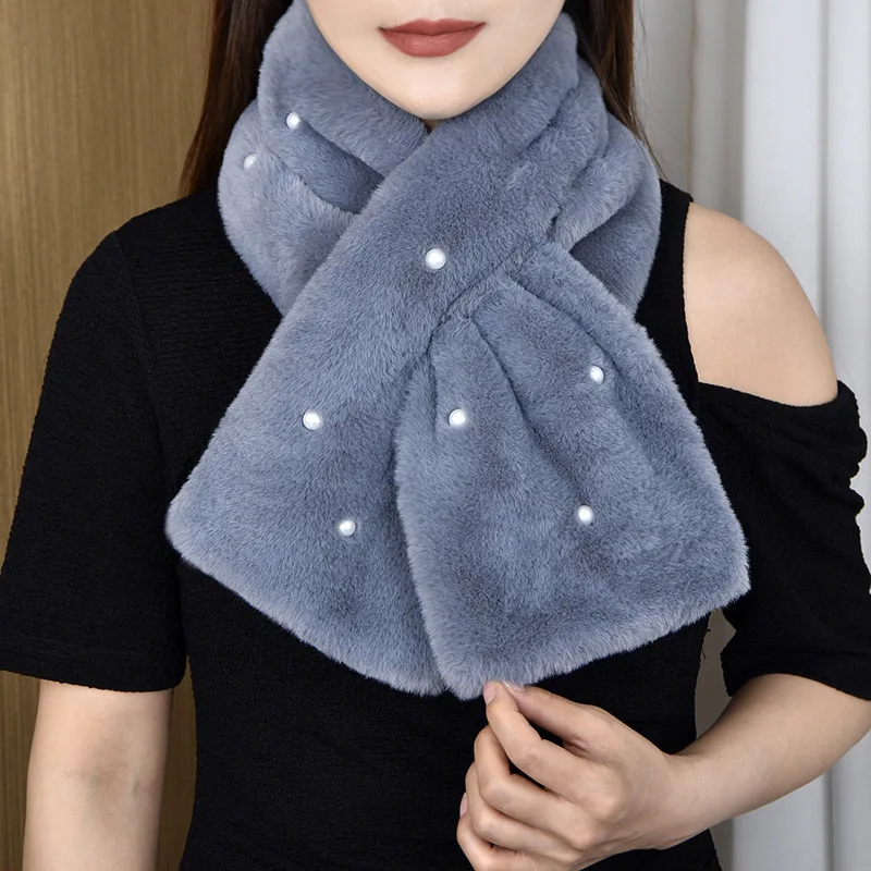 Korean Solid Double Sided Faux Rabbit Fur Thick Plush Shawl Female Winter Oudoor Windproof Pearl Cross Neck Guard Warm Scarf T41