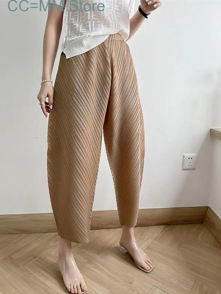 New Pleated Ankle-length Pants For Women Solid Color High Waist Wide Leg Trousers Loose Summer Female Fashion
