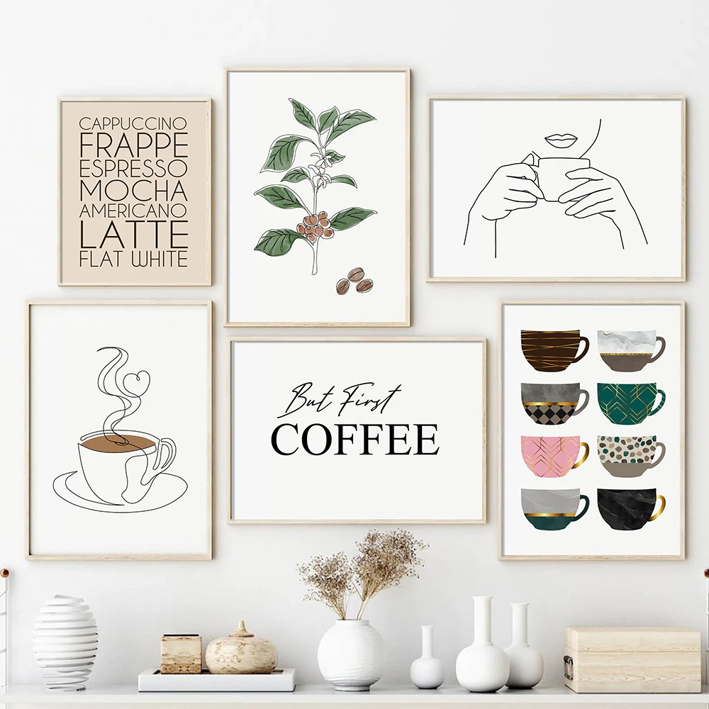 

Kitchen Decoration Canvas Painting Abstract Coffee Poster Coffee Cups Line Art Prints Wall Art Pictures Room Bar Cafe Home Decor