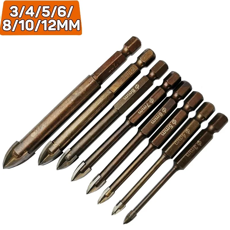 3-12mmCross Hex Tile Glass Drill Bits Set Titanium Coated Power Tools Accessories for Glass Ceramic Concrete Hole Opener 5pcs tool multifunctional cross hex tile bits glass ceramic concrete hole opener alloy triangle drill tip for woodworking tool