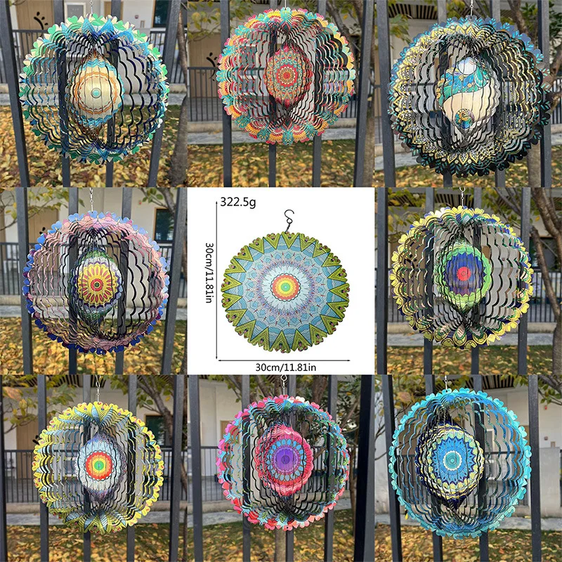 3D Colorful Wind Spinning Mandala Hanging Wind Spinner Mandala 30CM 3D Stainless Steel Laser Cut Metal Art Geometric Pattern