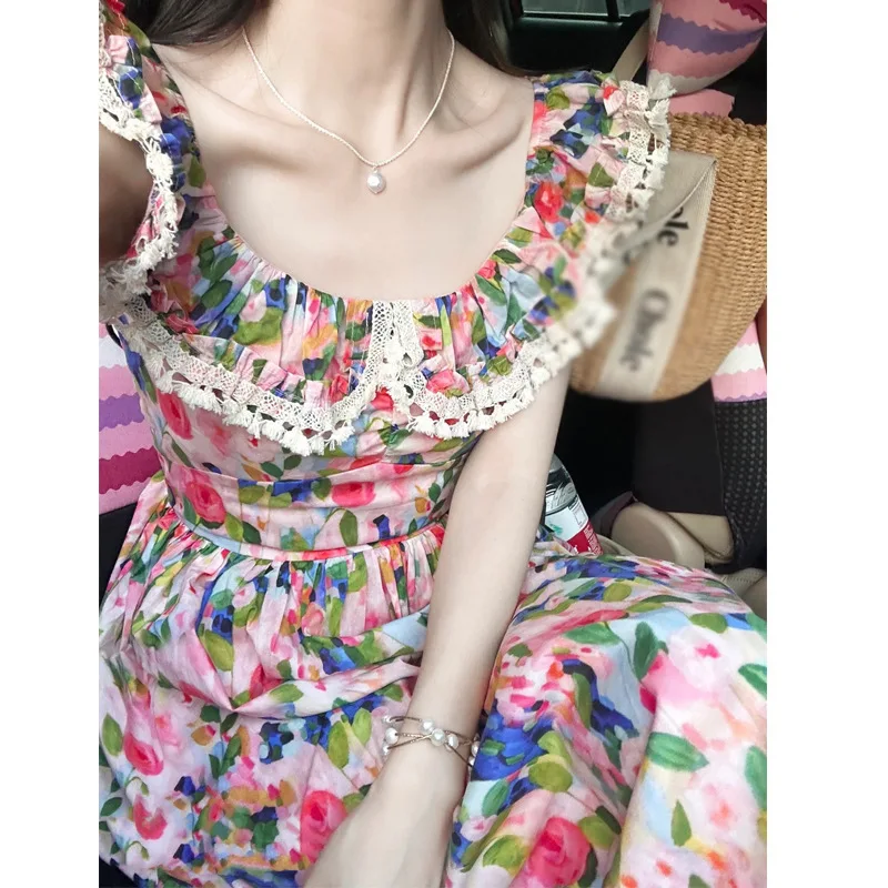 

2023 Summer New Women's Colorful Fragmented Flowers Sleeveless One Shoulder French Tea Break Fashion Beach Holiday Fairy Dresses