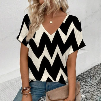 2025 New Vintage A Righe 3d Stampa Grafica T-shirt Moda Donna Con Scollo A V Manica Corta Maglietta Estate Casual Magliette E Camicette Tee Abbigliamento Donna 1