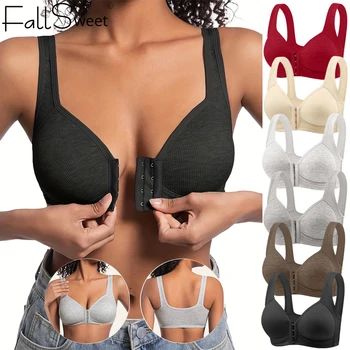 Fallsweet Seamless Front Closure Bra For Women Solid Wire-Free Push Up Bralette Full Coverage Fixed Cups