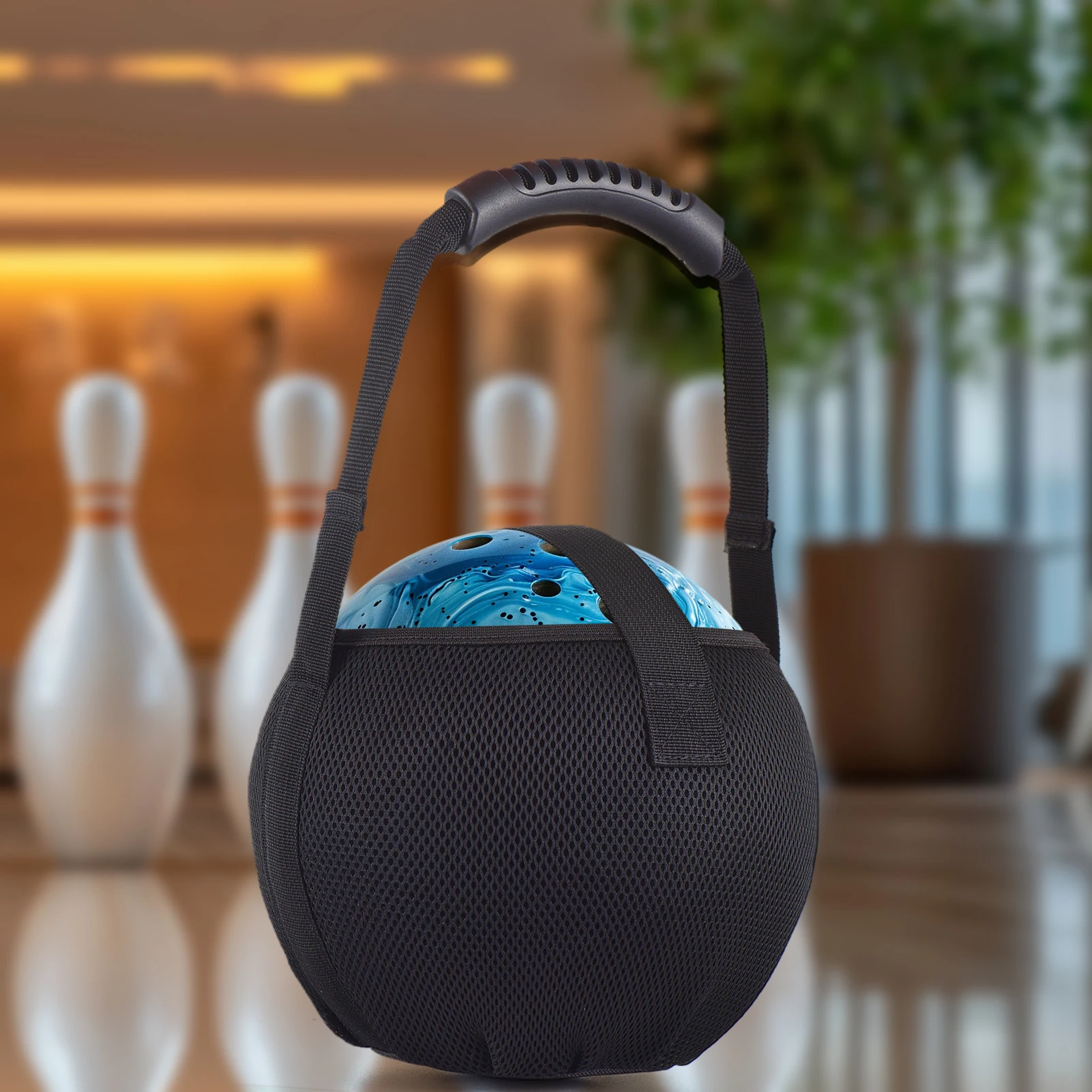 Portable Bowling Mesh Bag Single Bowling Bag with Reinforced Handle Can Hold One Ball for Sports Black