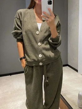 Autumn Winter Women's Clothing Fashion Single Breasted Casual Sports Suit Cardigan Top Lace Up Pants Two-piece Set Women 1