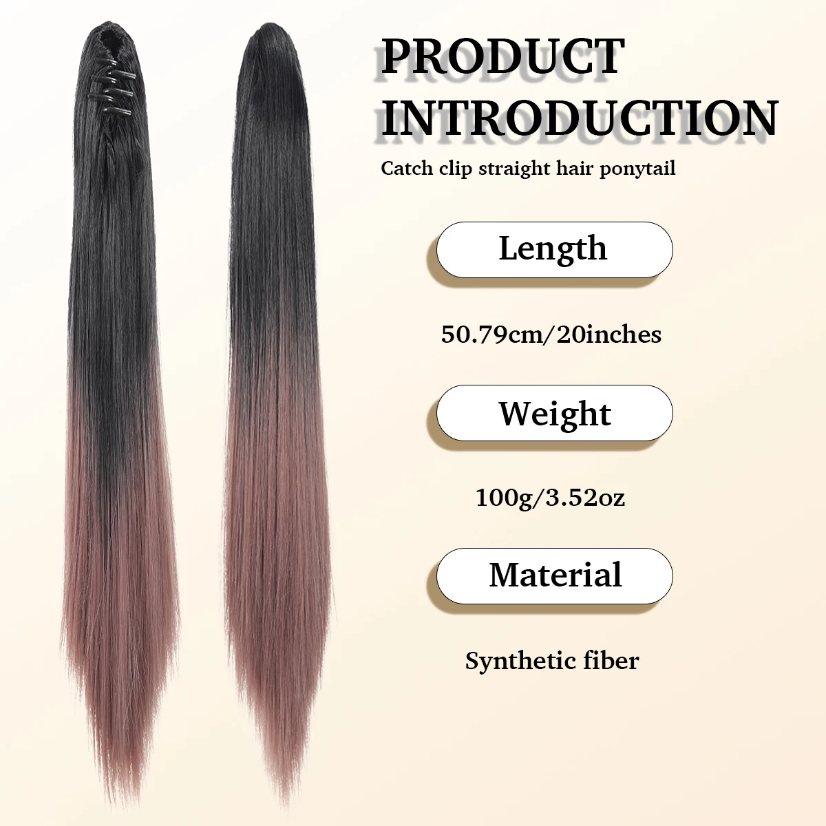 20-inch synthetic gradient ponytail wig women's ponytail clip fake ponytail heat-resistant straight hair wig natural