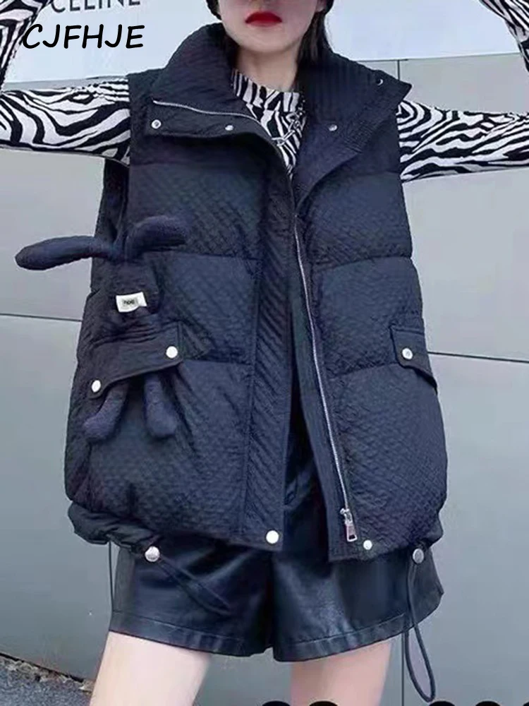 

CJFHJE Pink Sleeveless Down Vest Jacket Women Loose New Autumn Winter Black Rabbit Vests White Stand Collar Warm Waistcoat Lady