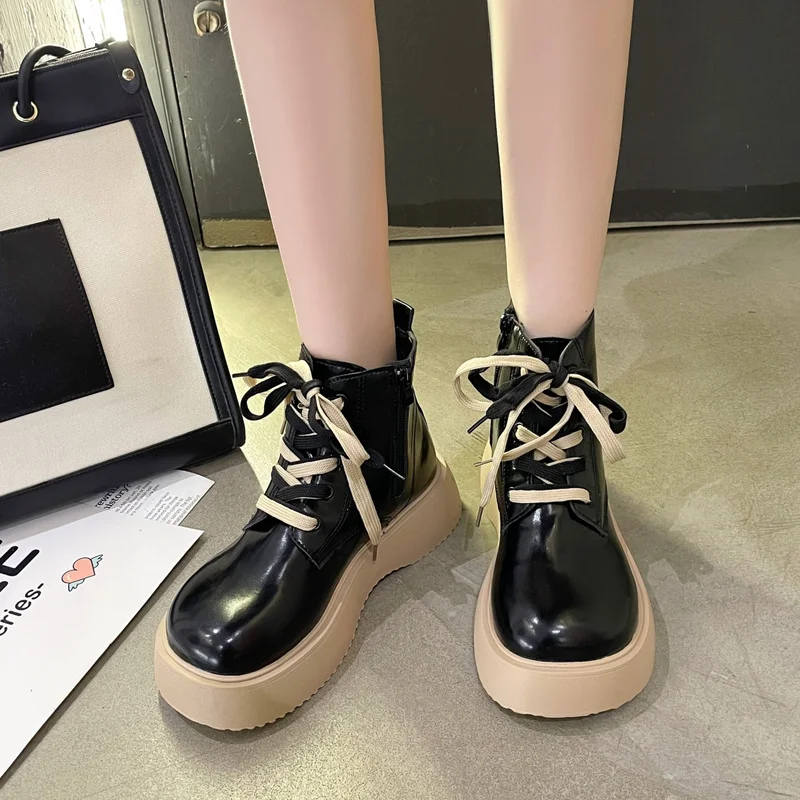 2023 Lace Up Ankle Boots Women Autumn Winter Chunky Booties Platform Motorcycle Boots Back Zipper Short Boots Thick Sole Shoes
