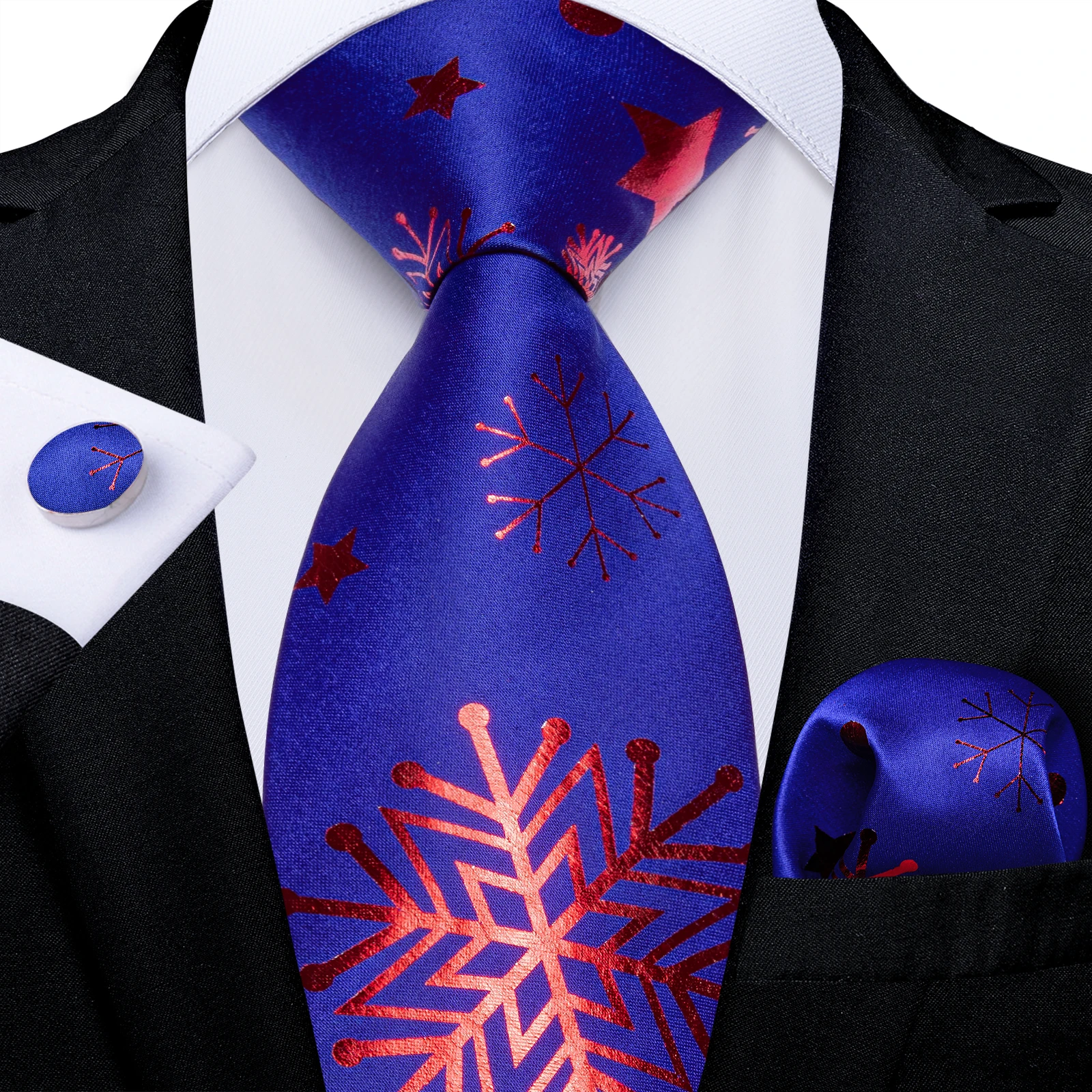 

Blue Christmas Red Shinning Snowflake Print Silk Ties for Men Wedding Party Handkerchief Cufflinks Gift Wholesale DiBanGu