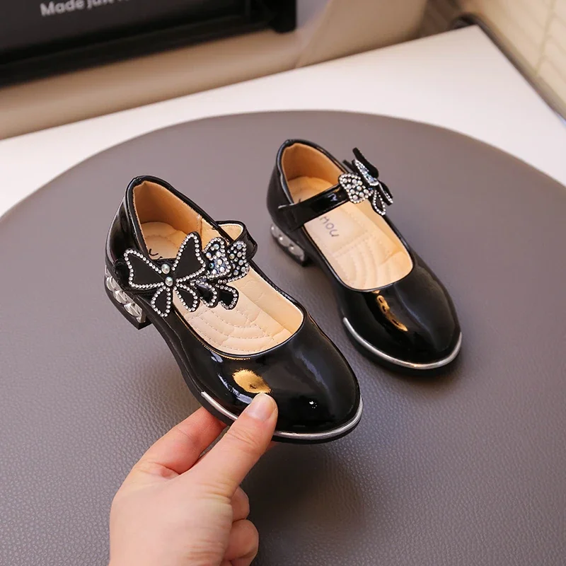Girls Rhinestone Princess Shoes Children Leather Shoes for Party Wedding Kids High Heels Performance Shoes with Butterfly-knot
