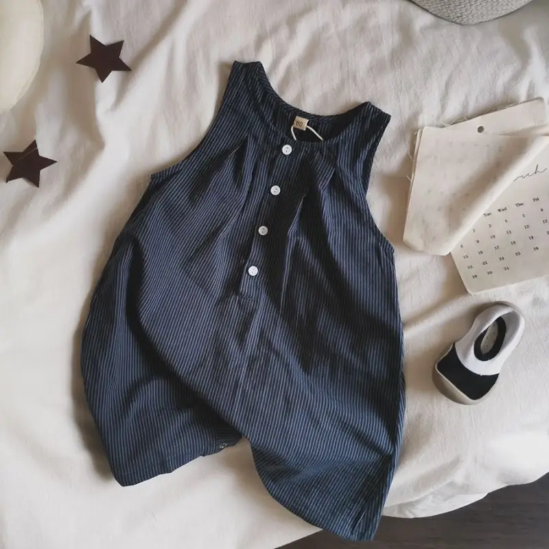 Thin and Cool Summer Children's Sleeveless One-piece Clothes All Cotton One-piece Baggy Pants for Boys and Girls