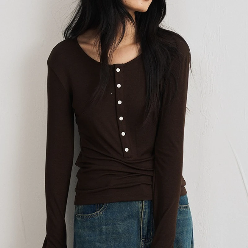 Silk Wool Basic Shirt for Women Autumn Winter Round Button Neck Slim Knitwear, Solid Color Striped Long Sleeve Top