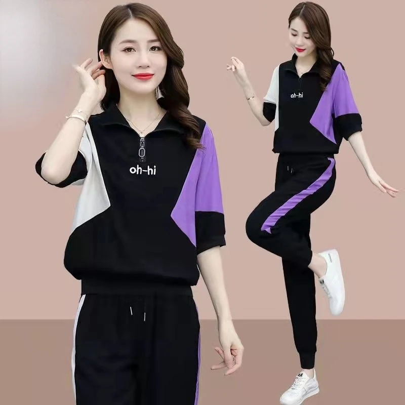 pant suit for wedding guest Summer 2022 Miss Sports Suit Korean Version Leisure Middle-aged Mother  Age Reduction Short Sleeve Trousers Female Two Piece Set plus size pants suits evening wear Suits & Blazers