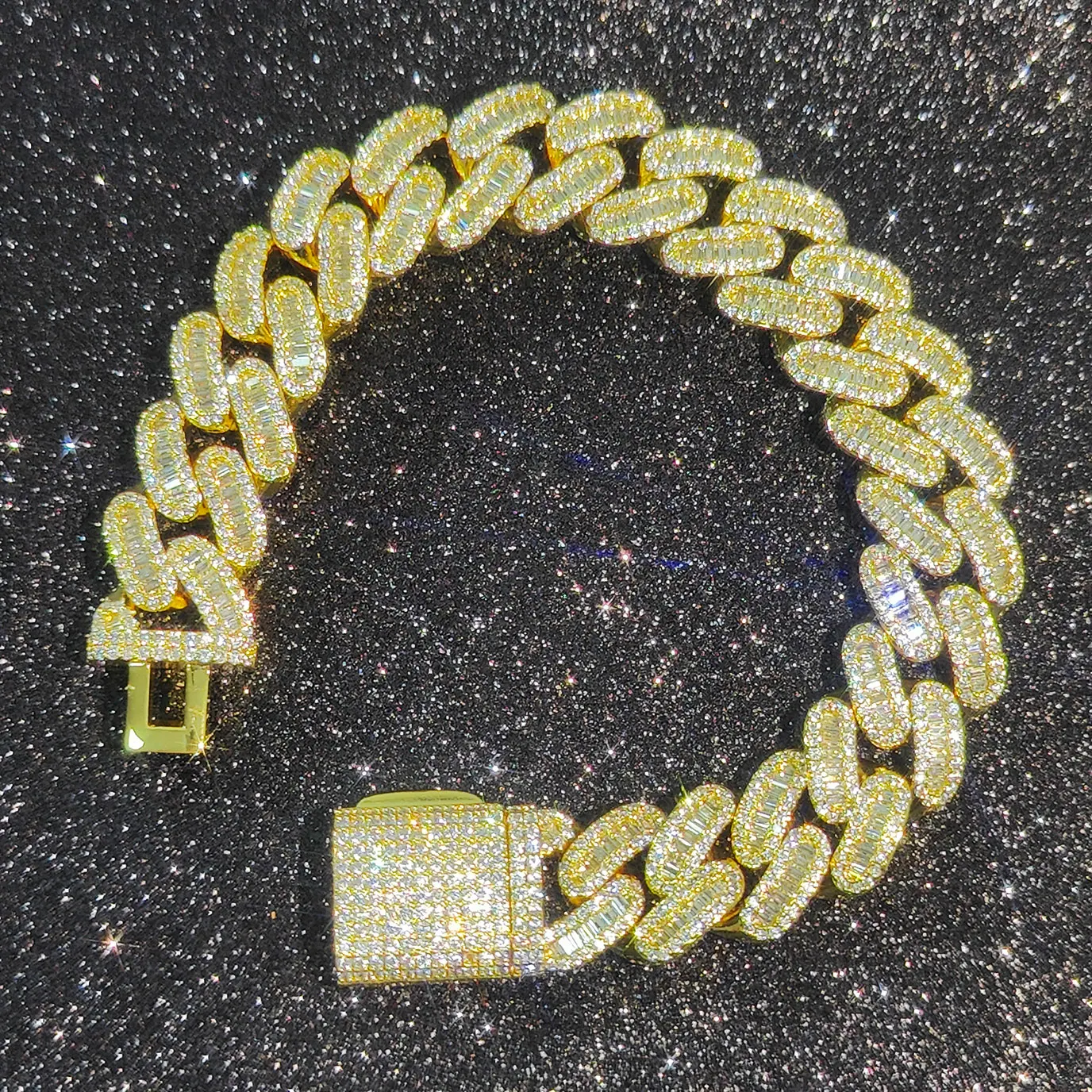 

Mens Full Bling Baguette Cubic Zirconia Miami Cuban Link Bracelet Gold Plated Princess Cut Chain 15mm Iced Out Hip Hop Jewelry