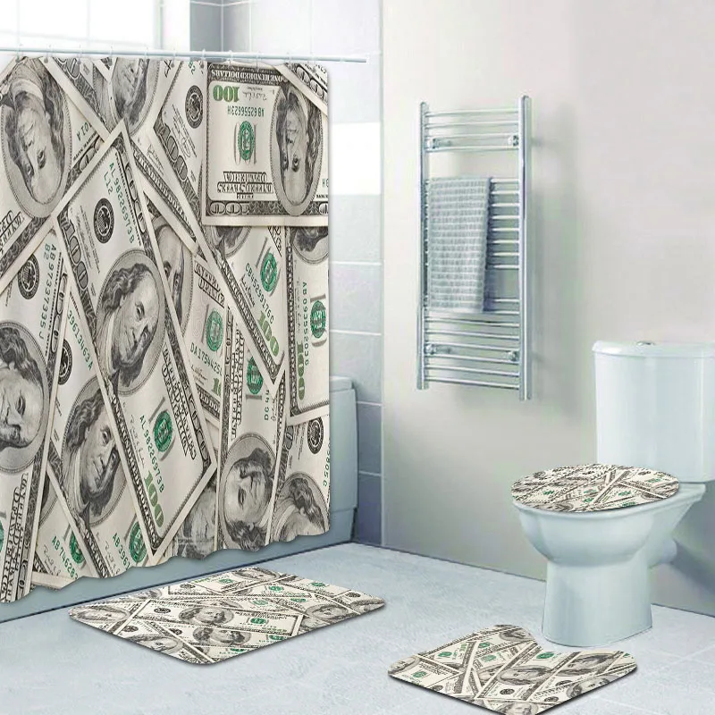 

US Dollar Bill Banknotes Bathroom Shower Curtain Set for Money Currency Notes Bath Mat Rug Toilet Carpet Home Decor