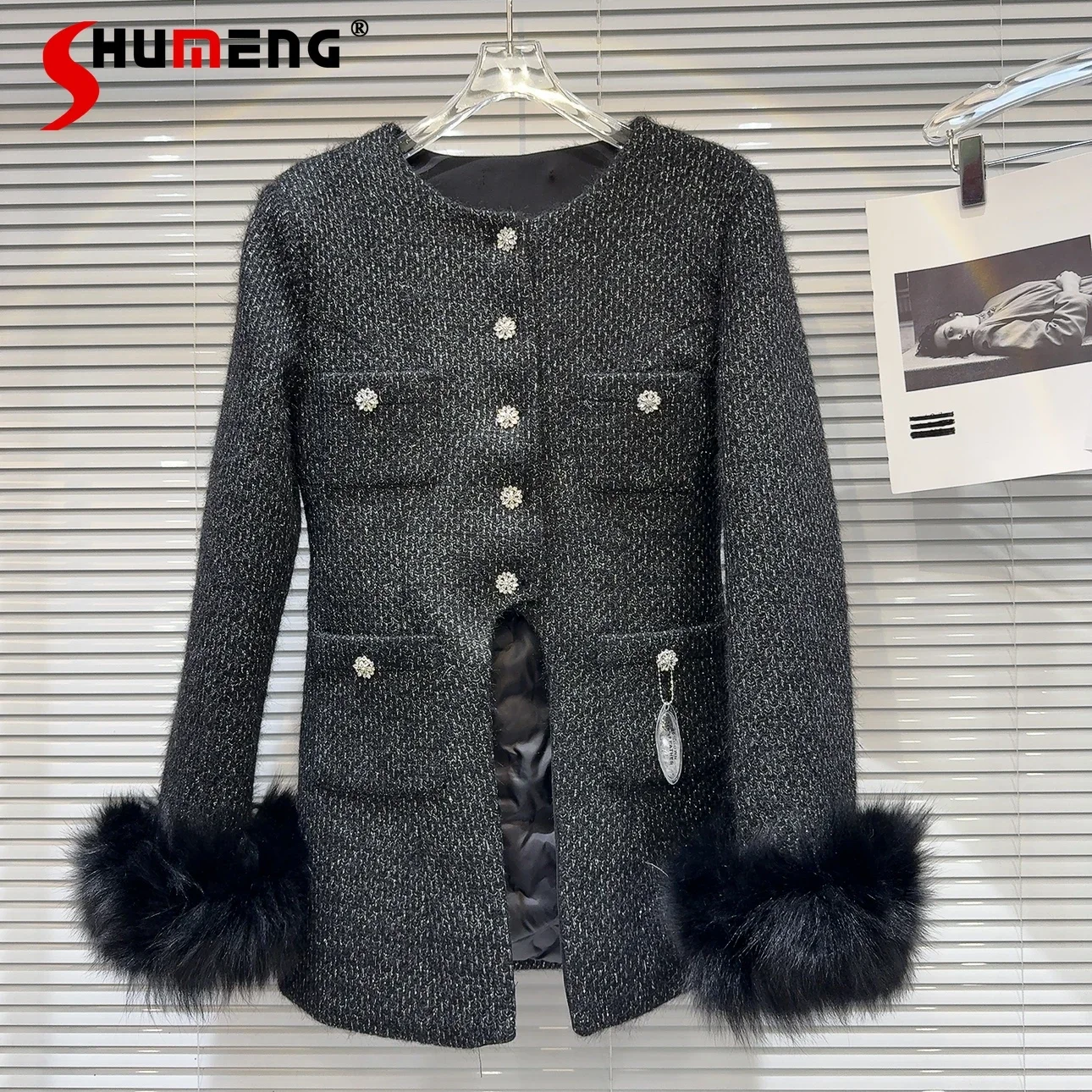 

Fashion 2023 Winter New Fox Fur Cuff Rhinestone Buckle Down Lining Woolen Feminine Solid Color Trench Coats Long Sleeve Coat