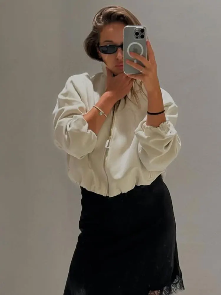 HH Autumn Jacket For Women Elegant Solid Cropped Coat Lapel Long Sleeve Zipper Bomber Jackets Casual Office Lady Basics Outwear