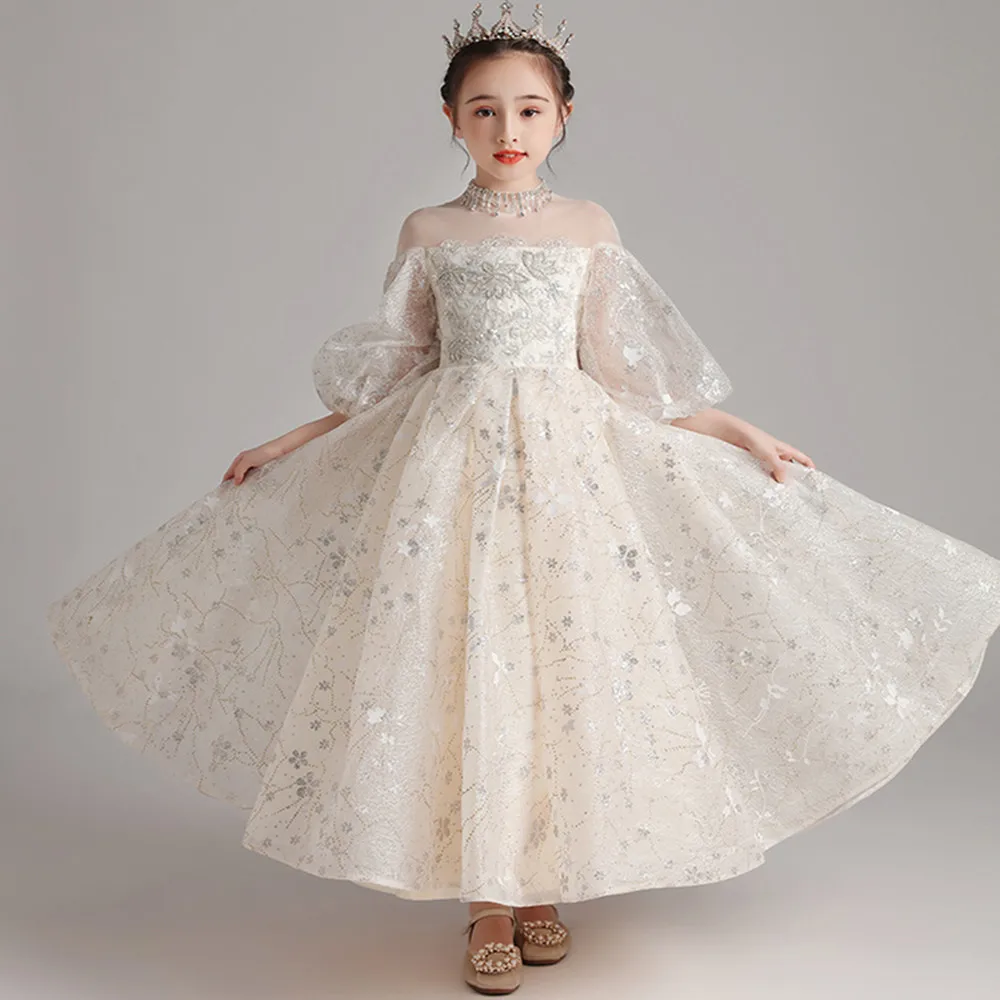 

Luxury Champagne Girls Dresses Beads Kids Long Wedding Gown Birthday Party Pageant Princess First Communion Flower Girl Costume