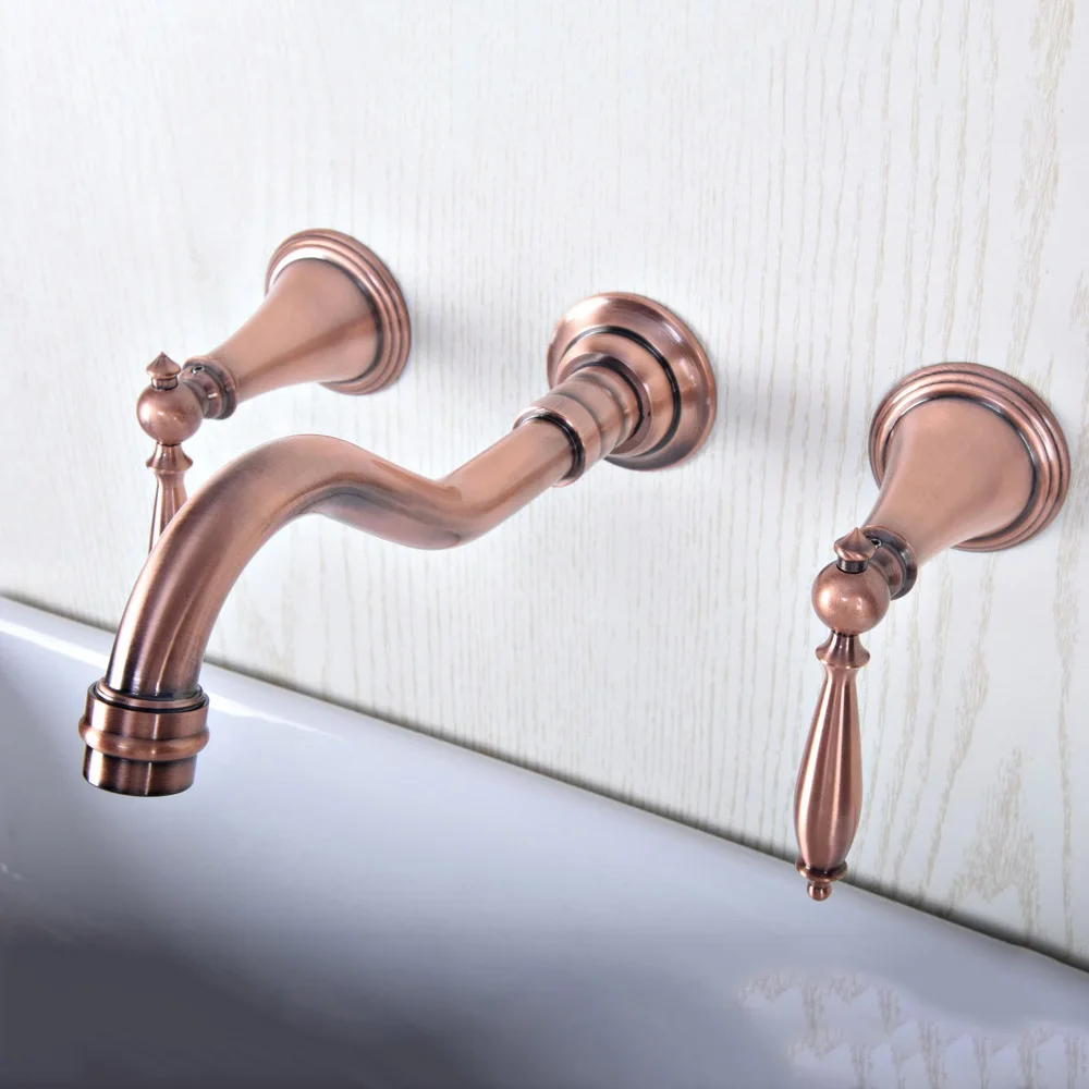 

In-Wall Basin Faucet Set 3 hole Antique Red Copper Double Handle Wall Mounted Bathroom Sink Faucet Hot Cold Tap tsf506