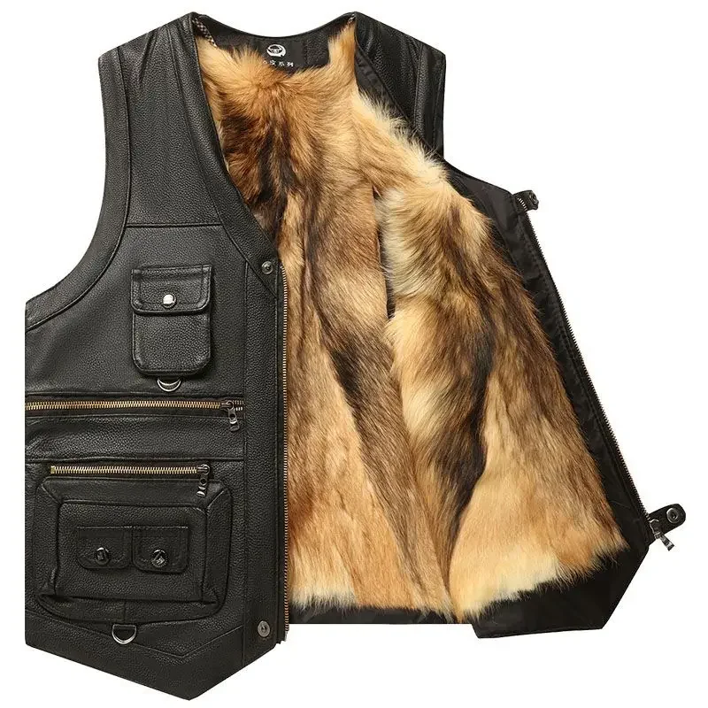 2024 Women Autumn Winter New Genuine Leather Vest Men Pocket Middle-aged Waistcoat Male Thick Fleece Sleeveless Coats D351 3