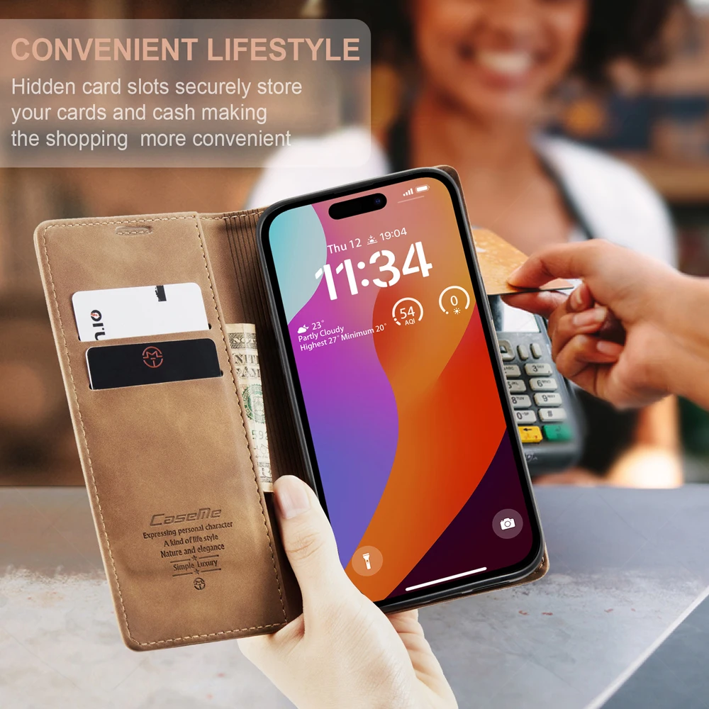 CaseMe Mobile Phone Flip Case for iPhone 15 14 13 12 Pro Max Magnetic Retro Leather Wallet Card Slot Holder Protect Cover Coque 4