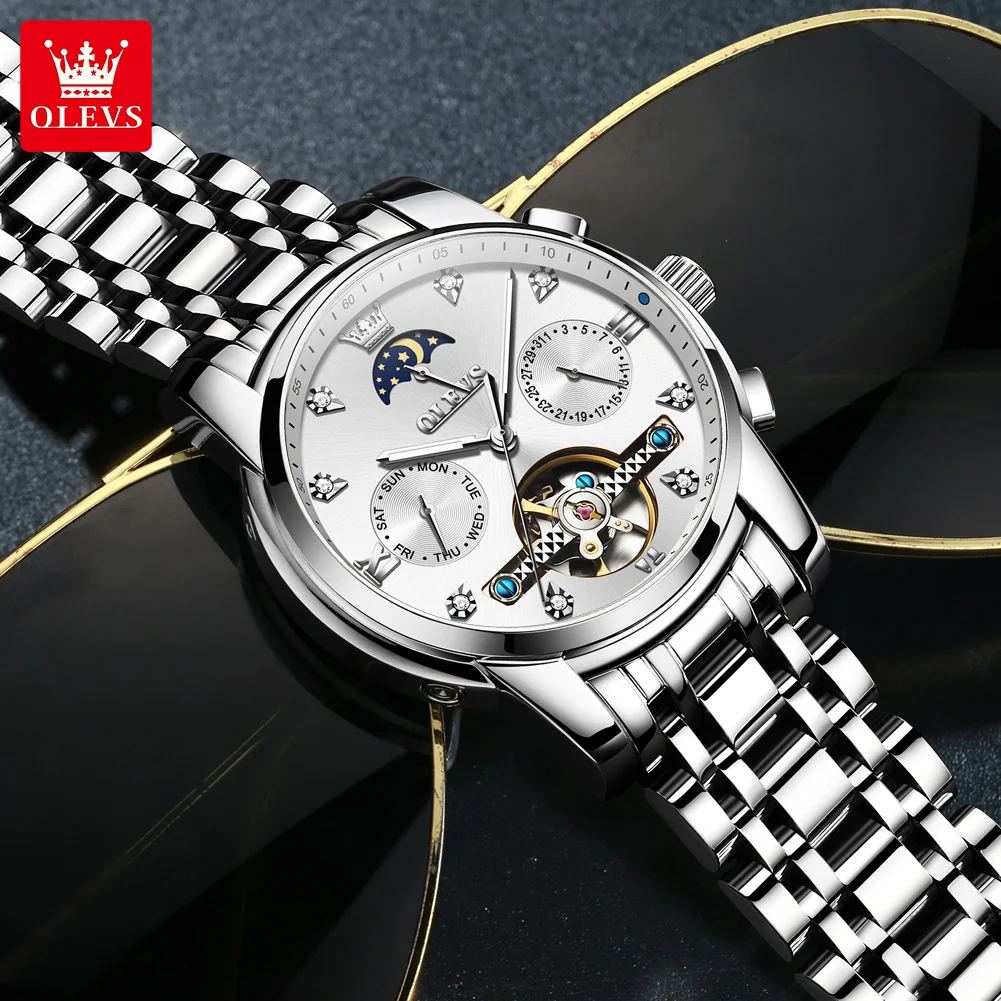 OLEVS 6678 Original Automatic Watch for Men Stainless Steel Waterproof Luminous Calendar Moon Phase Hollow Mechanical Man Watch
