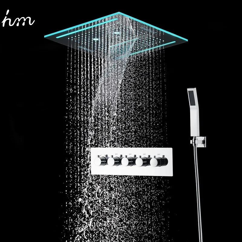 hm Led 16 Inch Muisc Shower Set Bathroom Chrome/Black Waterfall Rain SPA Massage Thermostatic Showerhead Faucets