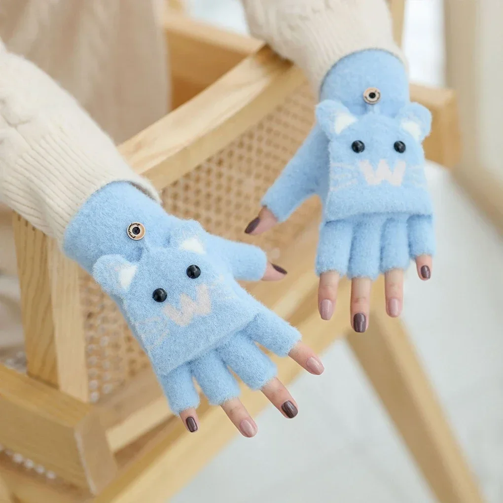Knitted Gloves Cute Kids Gloves Winter Warm Faux Fur Knit Boy Girl Cartoon Half Finger Flip Cover Outdoor 5-12years