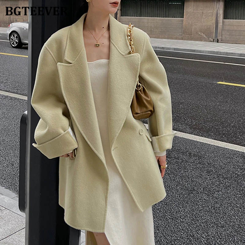 

BGTEEVER Warm 100% Wool Coat Women Turn-down Collar Double-breasted Winter Women Cashmer Overcoats Abrigo Mujer